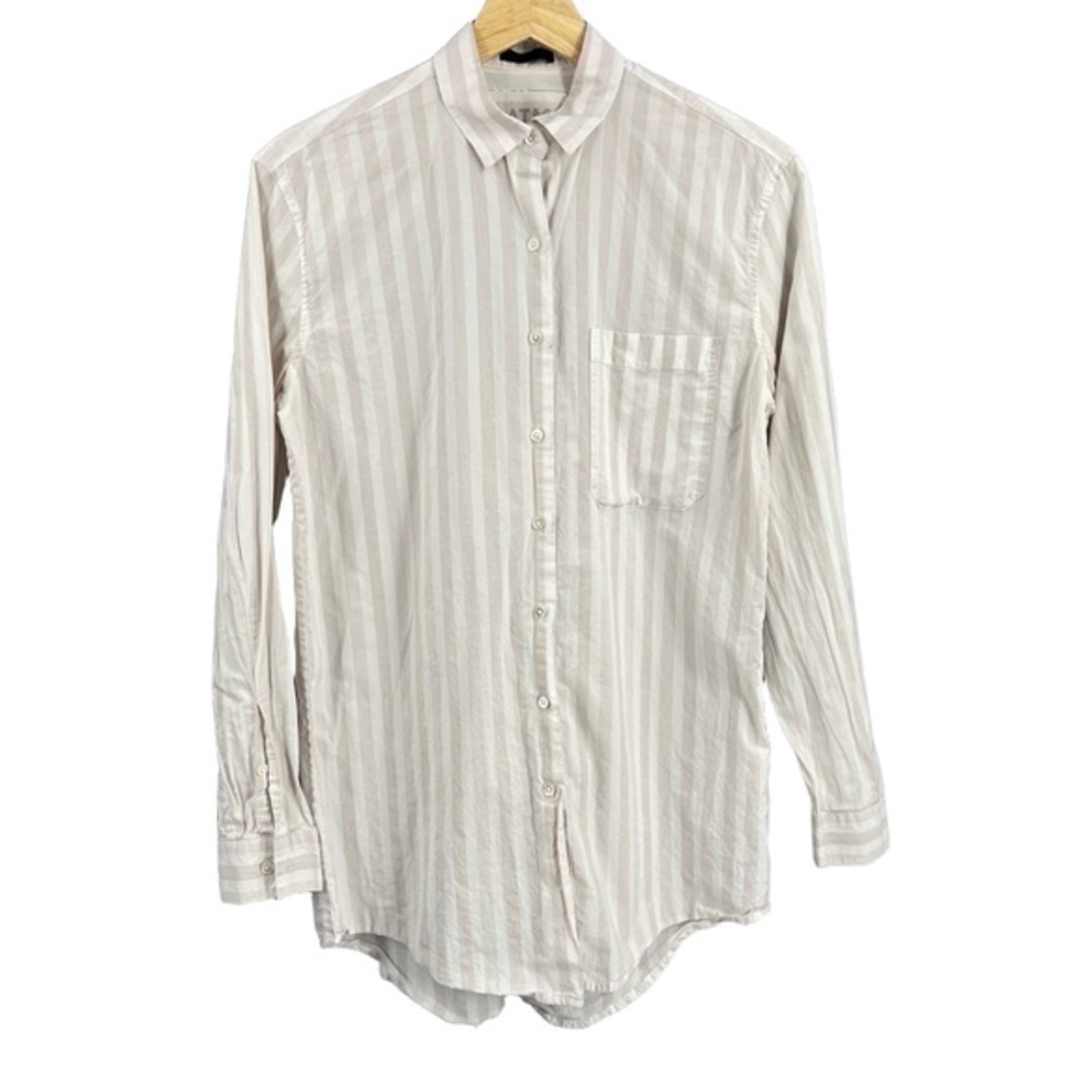 ATM Womens Shirt White Stripe Button Up Long Sleeve Lightweight Cotton Linen XS